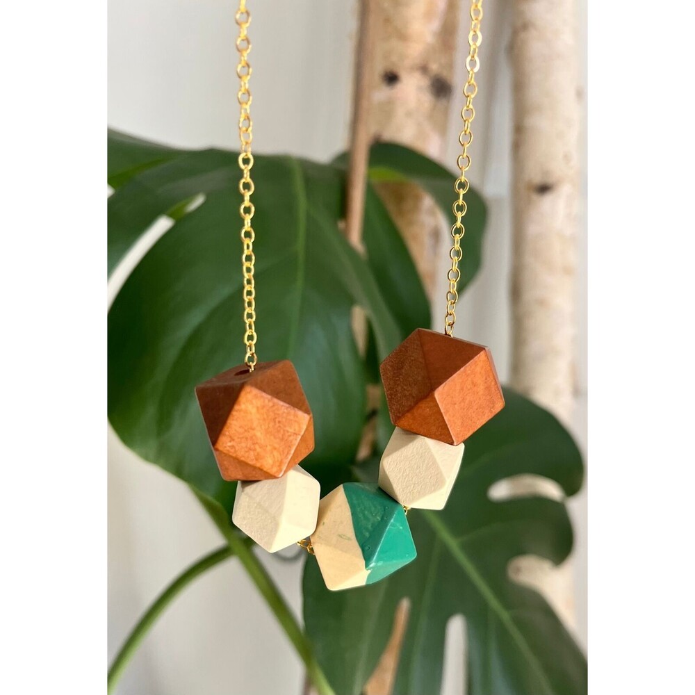 Handmade Wooden Geometric Statement Necklace With Gold Chain - The Saige